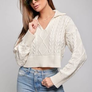 Cableknit cropped collared white sweater